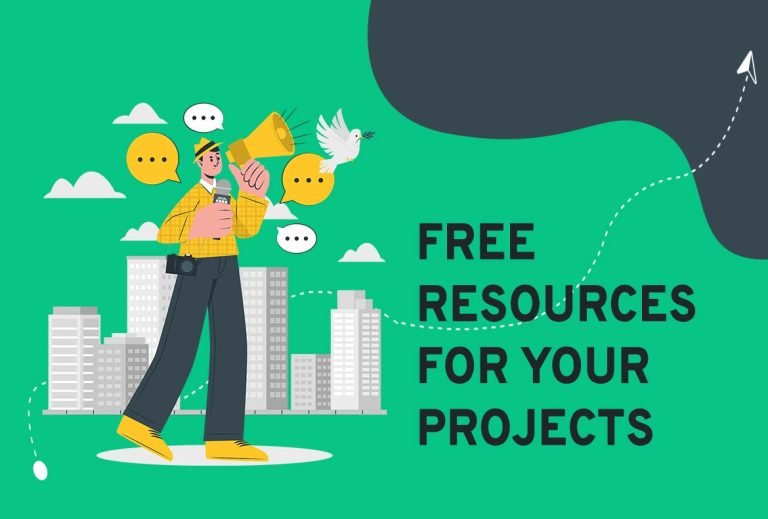 Man with megaphone offers free resources for projects illustration